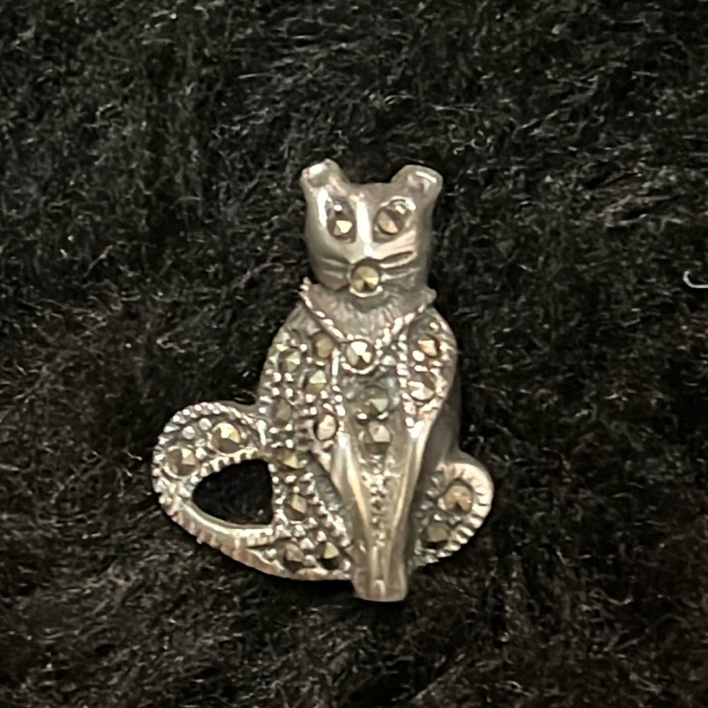 925 Stamped Sterling Silver & Black Onyx Stones 🐱CAT 🐱Brooch